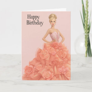 Carte d'anniversaire élégante robe pêche rose pour