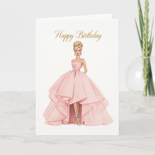 Carte d'anniversaire élégante rose en robe de bal  (Devant)