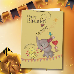 Carte d'anniversaire éléphant et caneton fantaisis