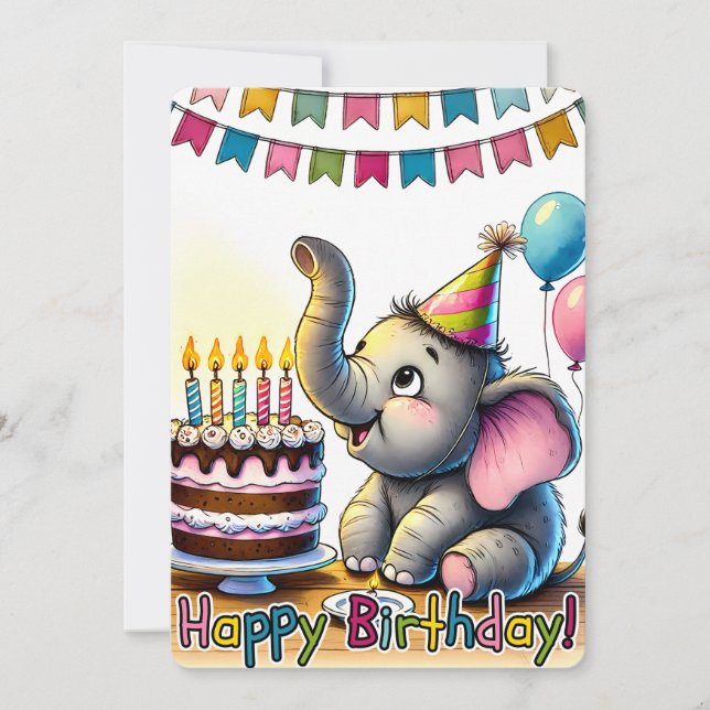 Carte d'anniversaire éléphant mignon – Gâteau colo (Devant)