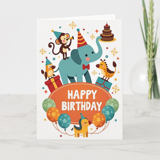 Carte d'anniversaire Éléphant Singe (Devant)