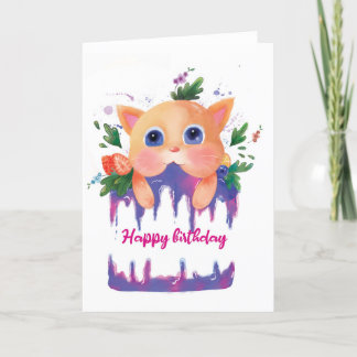 Carte d'anniversaire enfant mignon chat et gâteau