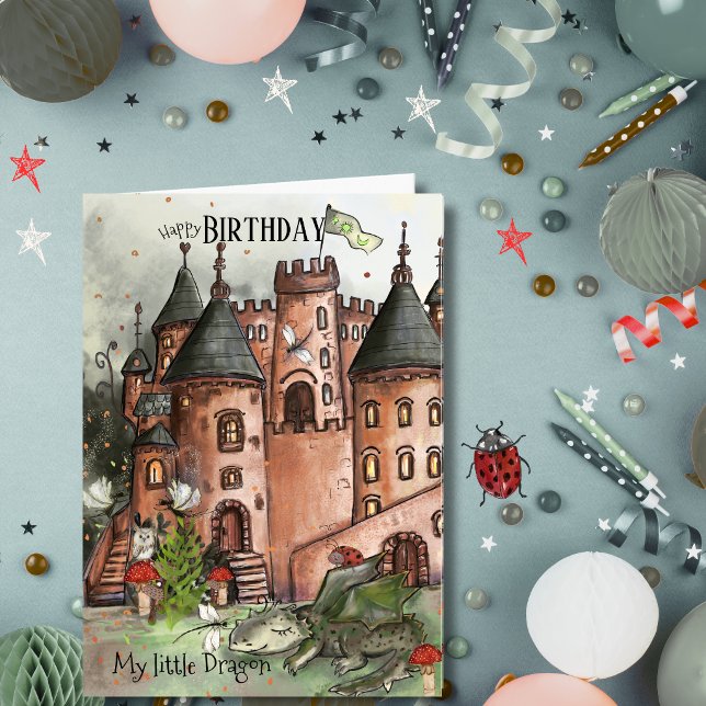 Carte d'anniversaire fantaisiste avec dragon et ch (Whimsical Fantasy Dragon & Castle Birthday Card)