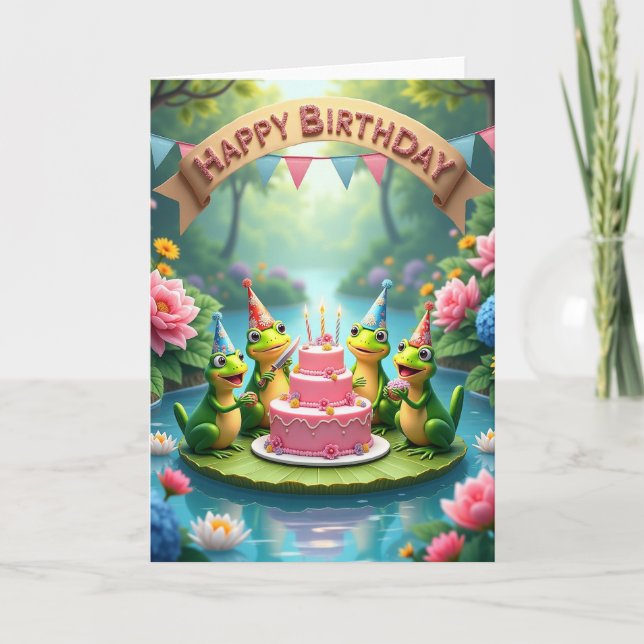 Carte d'anniversaire fantaisiste de grenouilles (Devant)