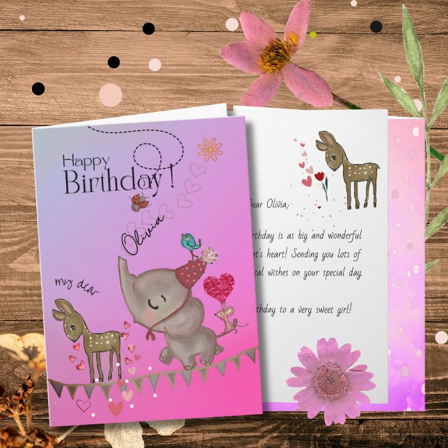 Carte d'anniversaire fantaisiste éléphant rose et  (Whimsical Pink Elephant & Deer Girl Birthday Card)