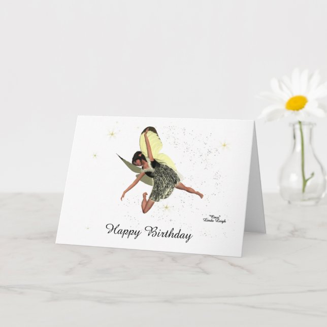 Carte d'anniversaire Fée Fille avec des ailes jaun (Petite plante)