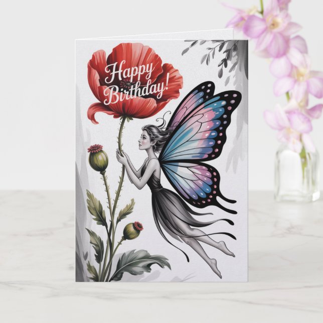 Carte d'anniversaire fée Fleur rouge fée Papillon (Orchidée)