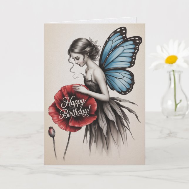 Carte d'anniversaire fée Fleur rouge Papillon fée (Petite plante)