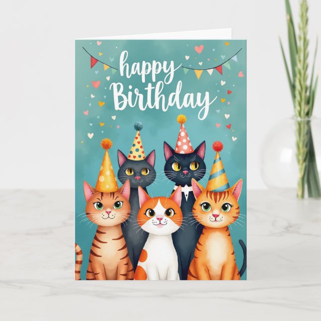 Carte d'anniversaire Félines Festives (Devant)