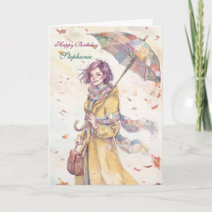 Carte d'anniversaire Femme Élégante avec Parapluie