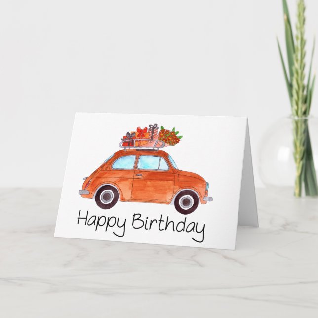 Carte d'anniversaire Fiat 500 rétro orange (Devant)