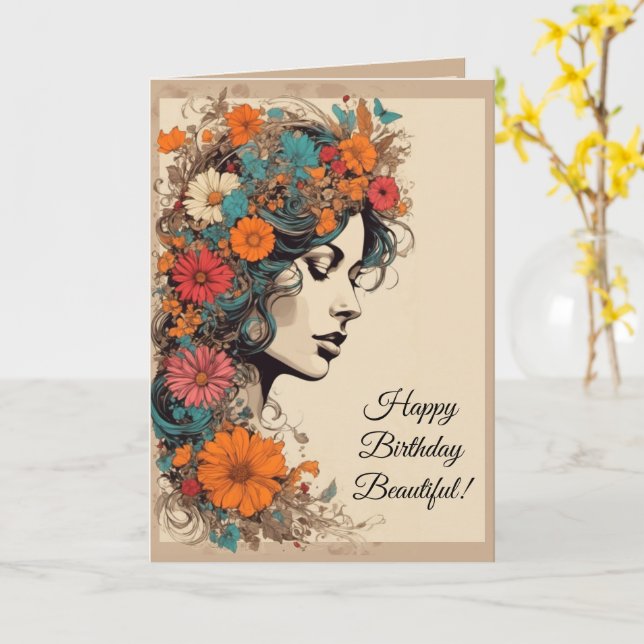 Carte d'anniversaire Fille aux fleurs hippie des a (Fleur jaune)