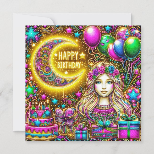 CARTE D'ANNIVERSAIRE ~ Fille avec cheveux fluoresc (Devant)