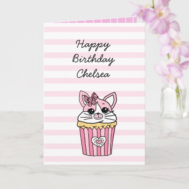 Carte d'anniversaire fille Cupcake Chat Rose (Orchidée)