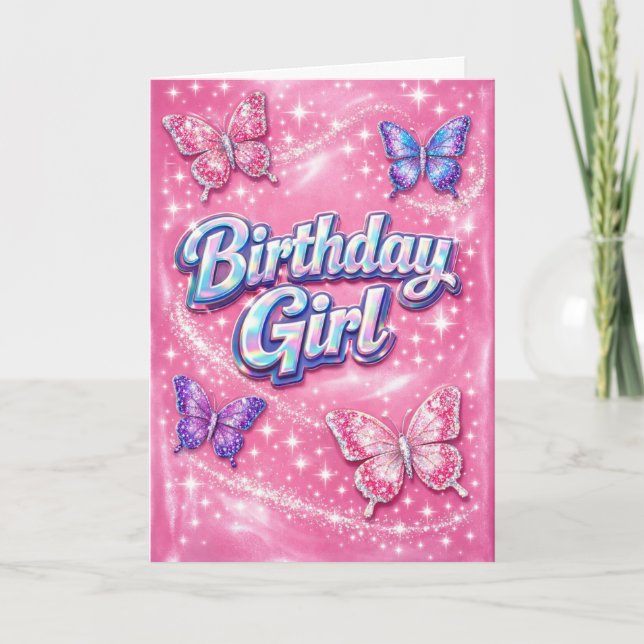 Carte d'anniversaire fille papillon rose scintilla (Devant)