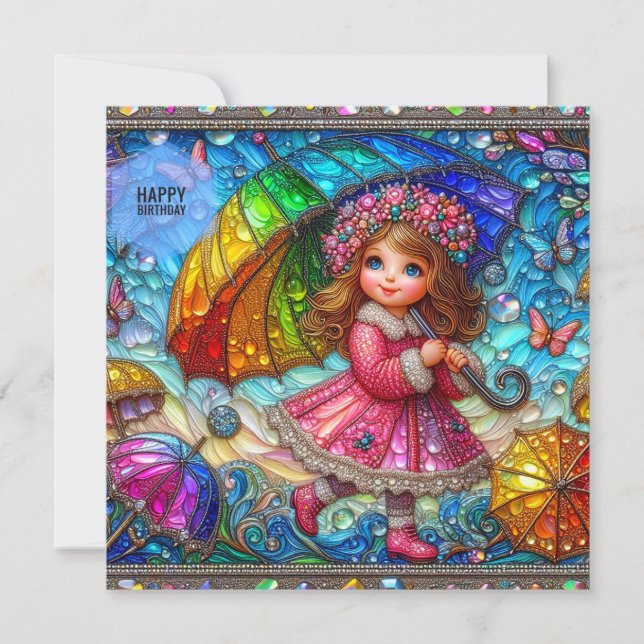 CARTE D'ANNIVERSAIRE ~ Fille rétro avec parapluie  (Devant)