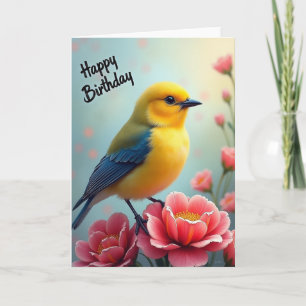 Carte d'anniversaire Fleur de Corail Oiseau Jaune