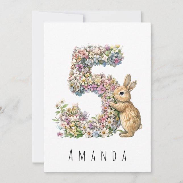 Carte d'anniversaire Fleurie Lapin 5 ans (Devant)