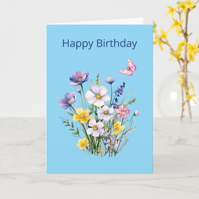 Carte d'anniversaire Fleurs avec papillon rose 1 (Fleur jaune)