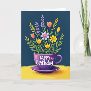 Carte d'anniversaire florale à tasse de thé