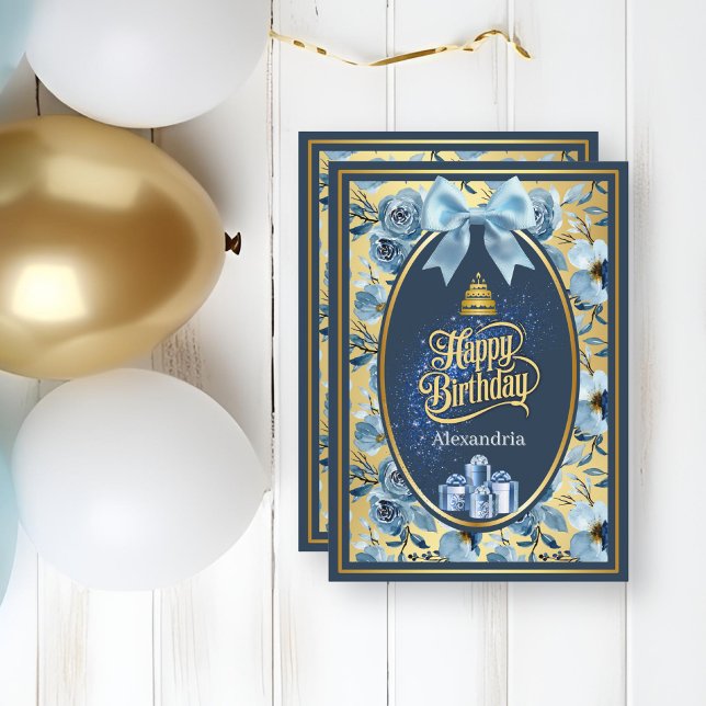 Carte d'anniversaire florale aquarelle bleue éléga (Créateur téléchargé)
