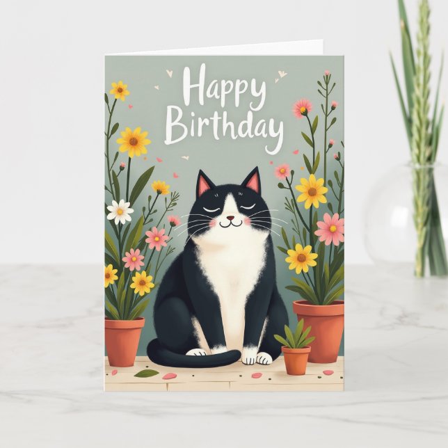 Carte d'anniversaire florale au chat serein (Devant)