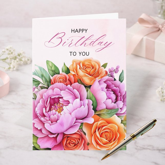 Carte d'anniversaire florale aux élégantes pivoine (Créateur téléchargé)