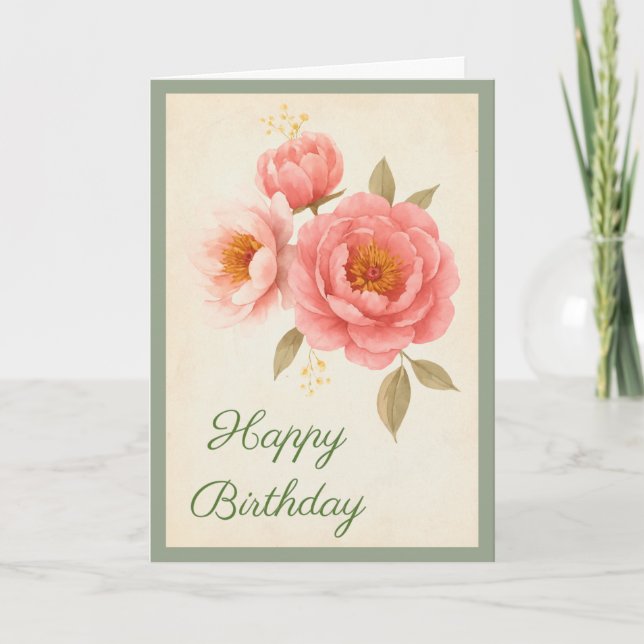 Carte d'anniversaire florale aux roses roses vinta (Devant)