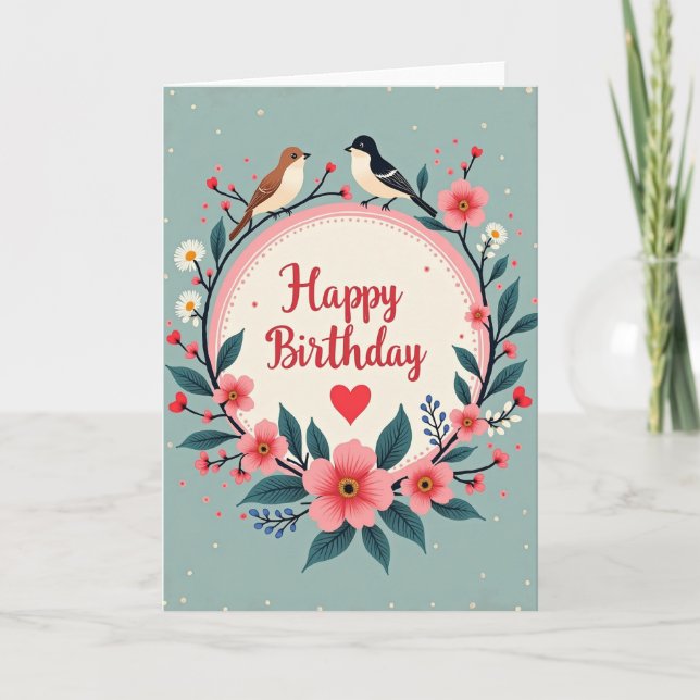 Carte d'anniversaire florale avec oiseaux (Devant)