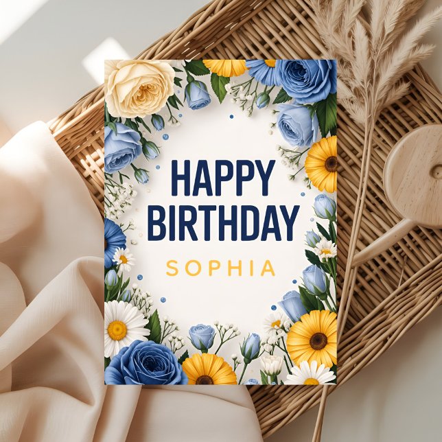 Carte d'anniversaire florale bleue et jaune (Créateur téléchargé)
