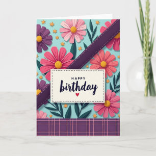 Carte d'anniversaire florale brodée