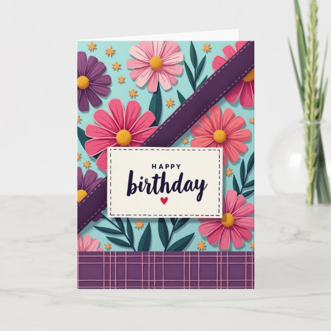 Carte d'anniversaire florale brodée (Devant)