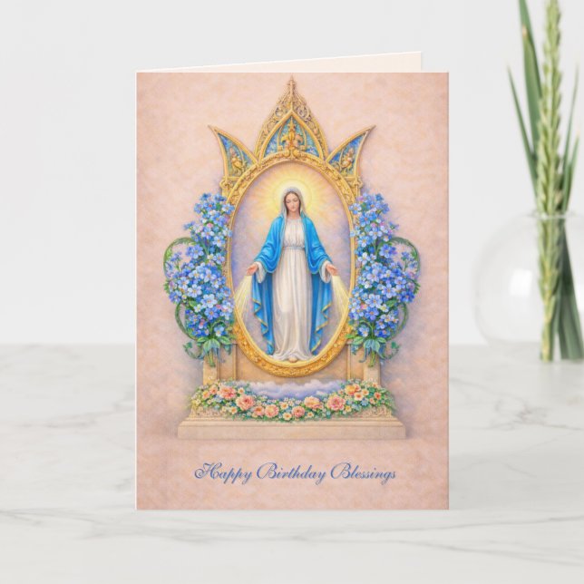 Carte d'anniversaire florale catholique Vierge Mar (Devant)