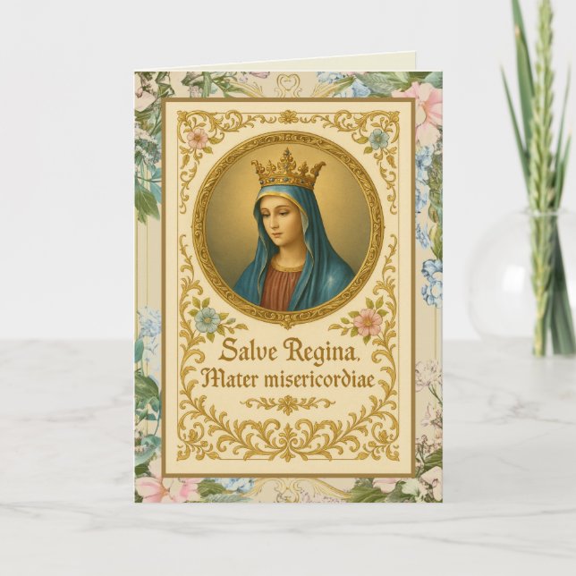 Carte d'anniversaire florale catholique Vierge Mar (Devant)