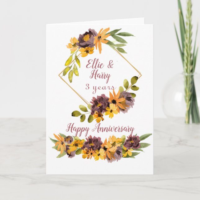 Carte d'anniversaire florale de 3 ans (Devant)