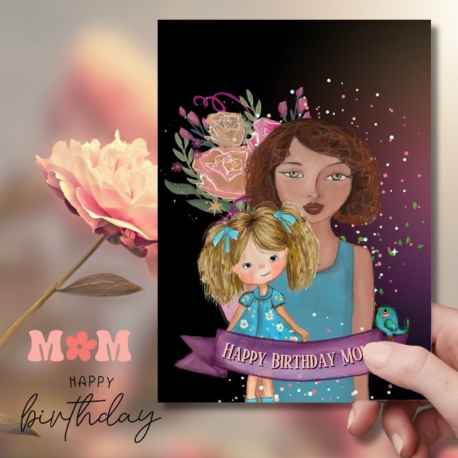 Carte d'anniversaire florale de la mère et de la f (Mom and Daughter Illustration floral Birthday Card)