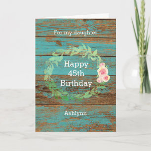 Carte d'anniversaire florale en bois bleu rustique