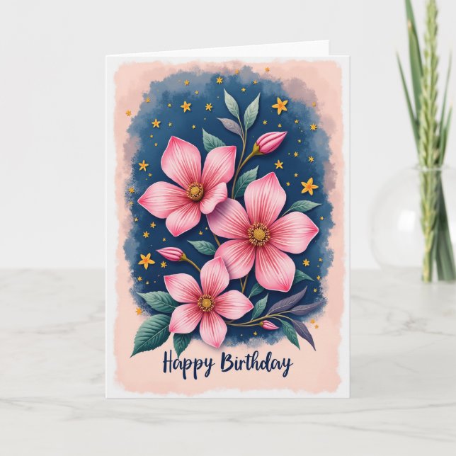 Carte d'anniversaire florale étoilée (Devant)