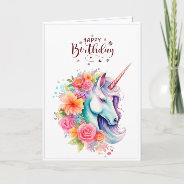 Carte d'anniversaire florale licorne aquarelle (Devant)