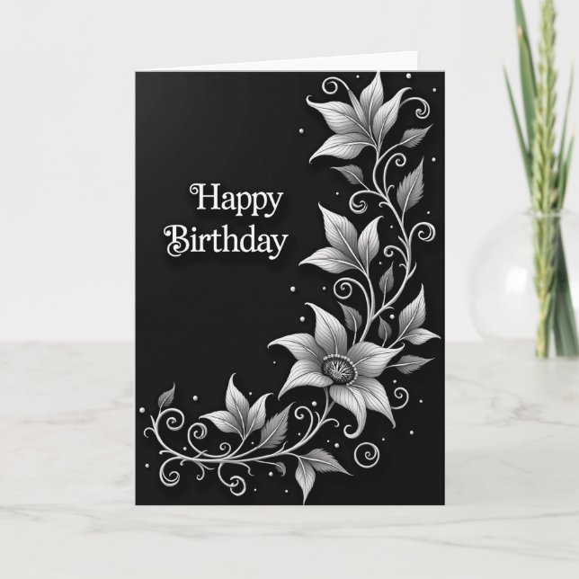 Carte d'anniversaire florale monochrome (Devant)