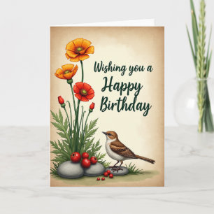 Carte d'anniversaire florale oiseau joyeuse