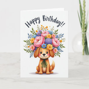 Carte d'anniversaire florale pour chien joyeux