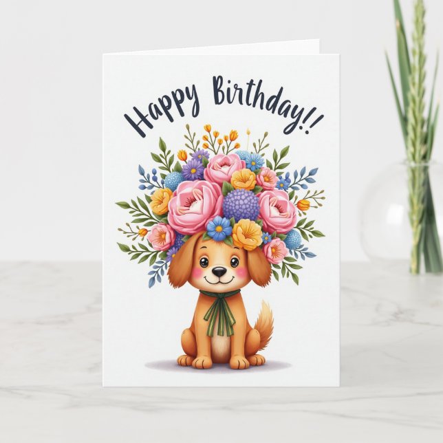 Carte d'anniversaire florale pour chien joyeux (Devant)