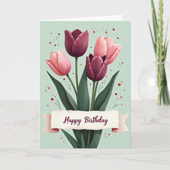 Carte d'anniversaire florale rose prune (Devant)