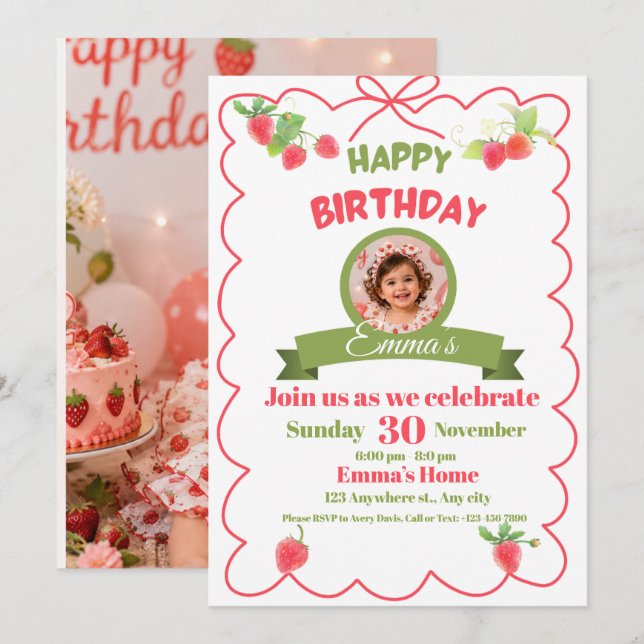 Carte d'anniversaire fraise pour filles Fun Pink B (Devant / Derrière)