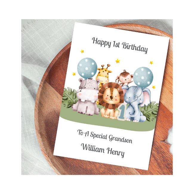 Carte d'anniversaire garçon 1 an safari feuilles a (Créateur téléchargé)