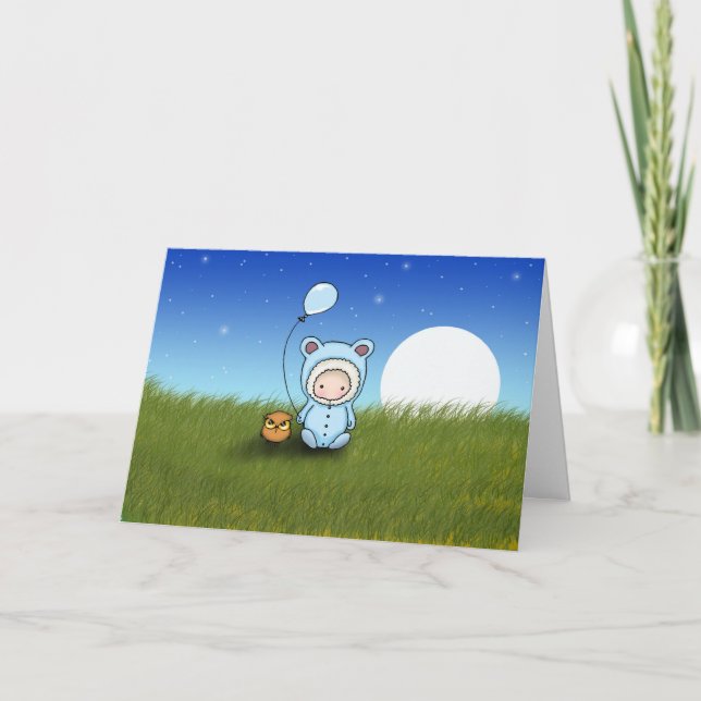 Carte d'anniversaire Garçon et Hibou (Devant)