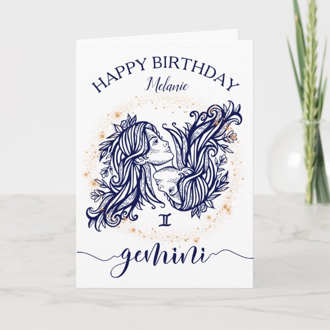 Carte d'anniversaire Gemini Zodiac Navy & Gold Mon (Devant)