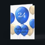Carte d'anniversaire Gold et Blue Balloons 24th Bi<br><div class="desc">Vous cherchez une façon spéciale et personnalisée de souhaiter un joyeux 24e anniversaire à un jeune homme de votre vie ? Notre carte personnalisée de 24e anniversaire est la façon parfaite de lui montrer à quel point vous vous souciez. Doté d'une conception de ballons dorés et bleus, cette carte peut...</div>