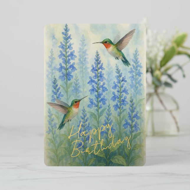 Carte d'Anniversaire Gold Foil aux colibris coloré (Debout devant)